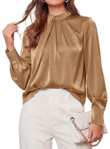PRETTYGARDEN Women Satin Tops Mock Neck Pleated Long Sleeve Shirts,Khaki,XL - Image 1