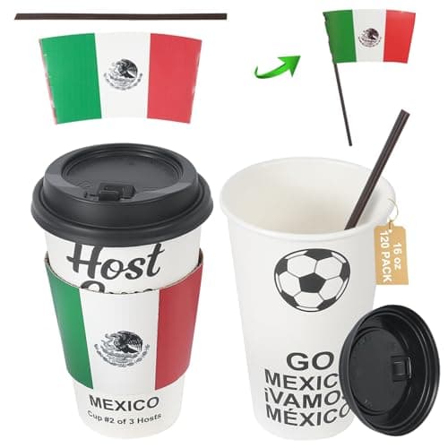 Sowinvent 16 oz CheerSleeve Host Cup, Celebrating World Soccer Tournament Host Mexico, 120 Sets Disposable Paper Party Cups with Lids Straws Sleeves, Flag Themed Fan Event Decorations, ¡VAMOS MÉXICO - Image 1