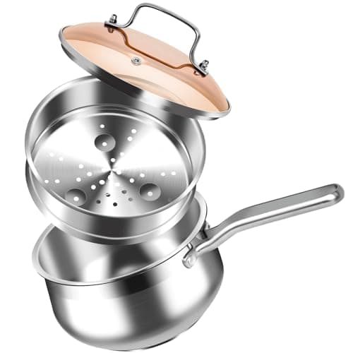 WANGYUANJI 2.5 Quart Stainless Steel Saucepan with Steamer Basket, 2-in-1 Small Sauce Pot with Lid, Tri-Ply Base Induction Cookware for Vegetables, Pasta, Soup - Image 1