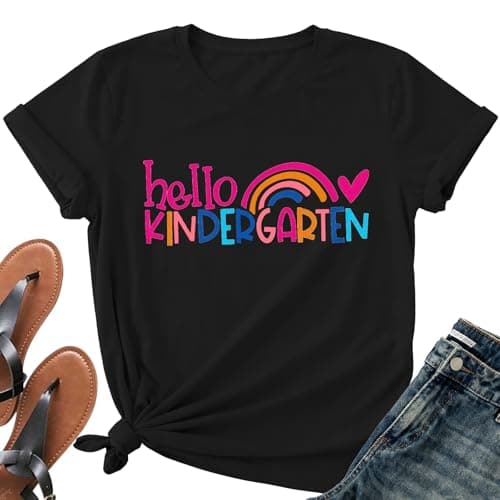 Teacher Shirts for Women-Hello Kindergarten Teacher Short Sleeves Teaching Life Shirt Rainbow Heart Tee Tops - Image 1
