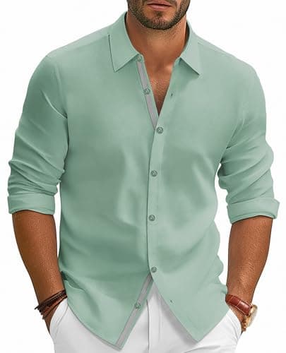 PJ PAUL JONES Mens Dress Shirt Casual Long Sleeve Button up Shirts Casual Wrinkle Free Untucked Business Shirt Green XL - Image 1