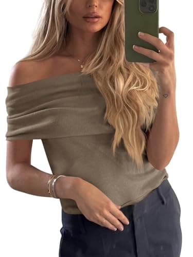 Imily Bela Women's Off The Shoulder Sweaters Casual Knit Sleeveless Summer Y2K Going Out Tops Blouses Khaki - Image 1
