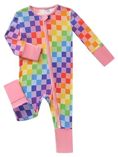Joonberry Unisex Baby Bamboo Viscose Long Sleeve Romper, Cute Prints Zipper Footless Jumpsuit, Toddler One-Piece Outfits (Colorful Plaid, 3-6M) - Image 1
