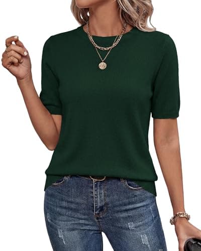 BTFBM Women's Short Sleeve Sweaters 2026 Summer Crew Neck Knit Work Shirts Business Casual Tops Basic Fall Fashion Clothing(Dark Green, Medium) - Image 1
