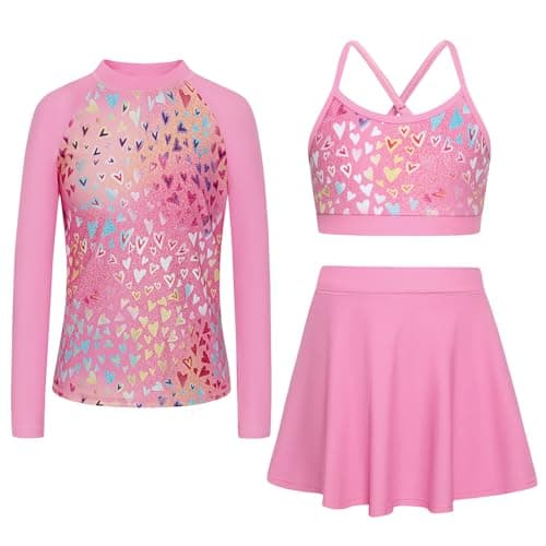 Seanrui Girls Long Sleeve Swimsuit Kids Rash Guard Bathing Suit with High Waisted Swim Skirt Swim Shirt 2026 Pink Heart - Image 1