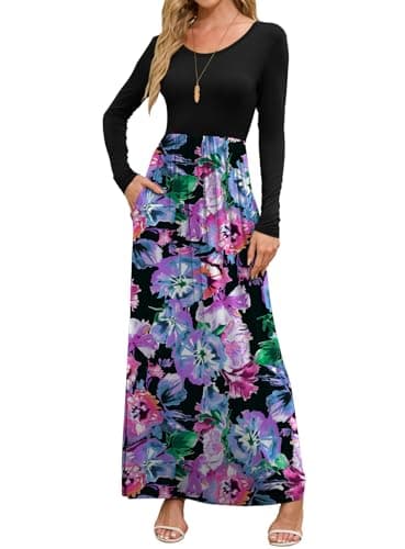 DEARCASE Long Sleeve Maxi Dresses for Women Flower Purple Blue Medium Round Neck Boho A-line Casual Hawaiian Sundress Flowy Elegant Party Vacation Spring Summer Beach Long Sun Dresses with Pockets - Image 1