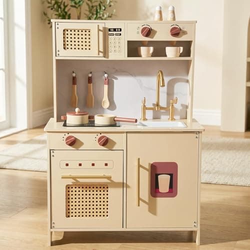 Wooden Kitchen Playsets for Kids, Pretend Play Kitchen with Realistic Clicking Sounds, Gold Faucet, Coffee Maker & Cooking Accessories, Set for Toddlers Boys Girls Age 3+ - Image 1