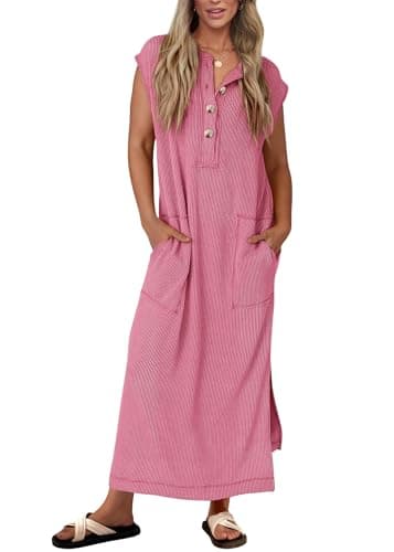 KIRUNDO Womens Summer Dresses 2026 Spring Ribbed Knit Henley Short Sleeve Maxi Dress Button Up Loose Beach Vacation Sundress(Pink, Medium) - Image 1