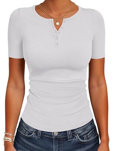 ANRABESS Womens Tops Short Sleeve Henley Shirts 2026 Summer Ribbed Slim Fit Basic Casual Tee Blouse Trendy Spring Clothing White Large - Image 1