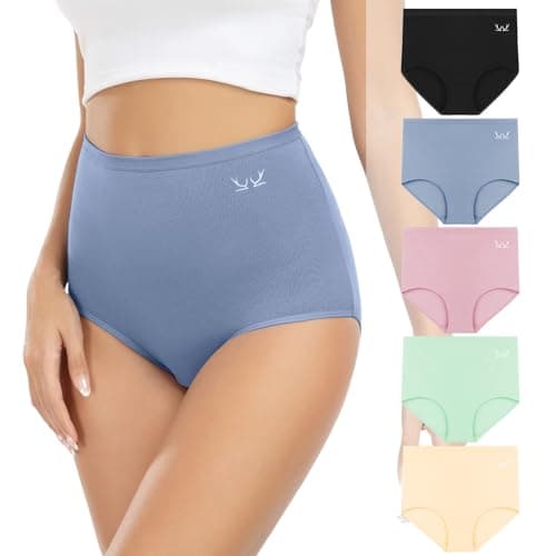 PULIOU Women's High Waisted Cotton Underwear Stretch Briefs Full Coverage Soft Breathable Panties 5 Pack - Image 1