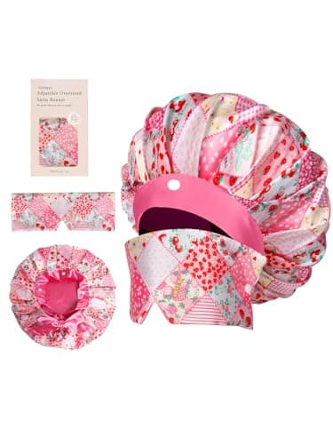 Vettres Pleated Silk Sleeping Bonnet with Eye Mask Double Layer Satin Hair Bonnets Sleep Cap for Curly Natural Hair Pink Strawberry - Image 1