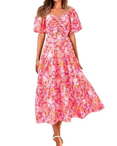 BTFBM Women's Clothing Spring Summer Dresses 2026 Beach Vacation Short Sleeve Smocked Back Boho Casual Floral Maxi Dress(Print Pink, Small) - Image 1