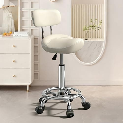 Walktory Vanity Chair with Back Small Armless Office Chair with Wheels and Footrest, PU Leather Adjustable Height Swivel Chair for Bedroom, Home Office White - Image 1