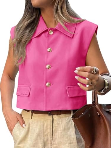 Tankaneo Womens Cropped Suit Vest Tops Cap Sleeve Lapel Collar Button Down Trendy Casual Blazer Waistcoats - Image 1