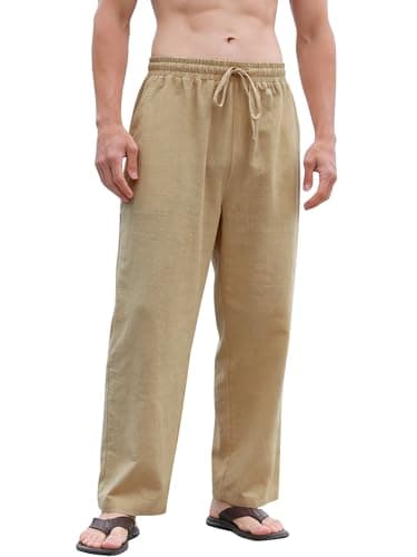 Bgylu Men's Cotton Linen Pants Casual Relaxed Fit Drawstring Waist Summer Beach Lightweight Trousers Dark Khaki - Image 1