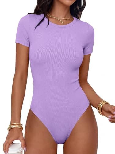 ANRABESS Women's Short Sleeve Bodysuit, Crew Neck Slim Fit Ribbed Knit Tops, Trendy 2026 Outfits, Versatile for Daily Wear Light Purple X-Large - Image 1
