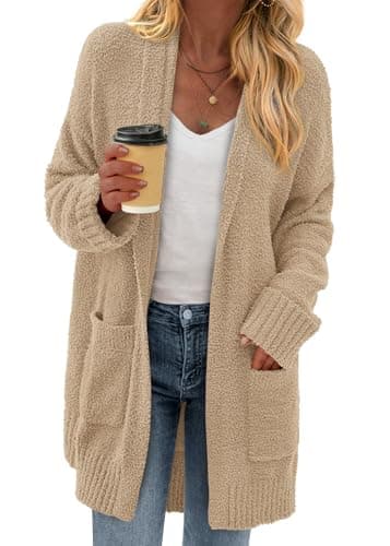 KIRUNDO Cardigan Sweaters for Women 2026 Fall Chunky Fuzzy Knit Open Front Loose Long Sleeve Sweater Coats Winter Clothing(Camel, Medium) - Image 1