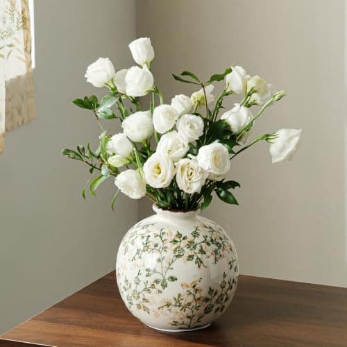 Ceramic Flower Vase | Farmhouse Green Rustic Vase for Home Decor, Vintage Floral Pottery Tuscan Round Vase for Living Room & Kitchen, Mantel & Bookshelf, Centerpieces, Entryway, Wedding(5.9 Inch) - Image 1