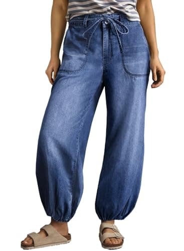 Sidefeel Women Jeans High Waisted Drawstring Stretchy Baggy Wide Leg Jeans Trendy Barrel Harem Ankle Denim Pants Blue Size 10 - Image 1