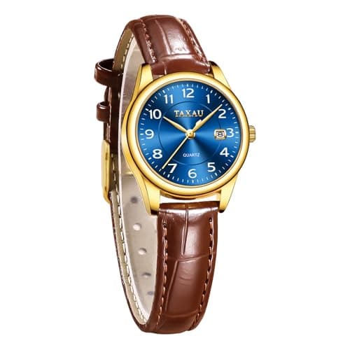 Taxau Watches for Women Blue Face Leather Small Wrist Watch Luxury Analog Lady Watch with Date Large Arabic Numbers Water Resistant Casual Fashion Elegant Brown Watches Reloj para Mujer - Image 1