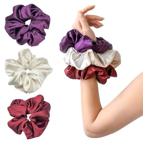 Pearlized Satin Oversized Scrunchies, 3-Pack Shimmer Large Hair Scrunchies for Women, Soft Hair Ties & Ponytail Holders, Ivory, Purple, Burgundy - Image 1