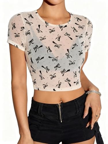 GAMISS Short Sleeve Mesh Top for Women Round Neck Mesh Shirt Fitted Sheer Tops Mesh Crop Shirt Bowknot XL - Image 1