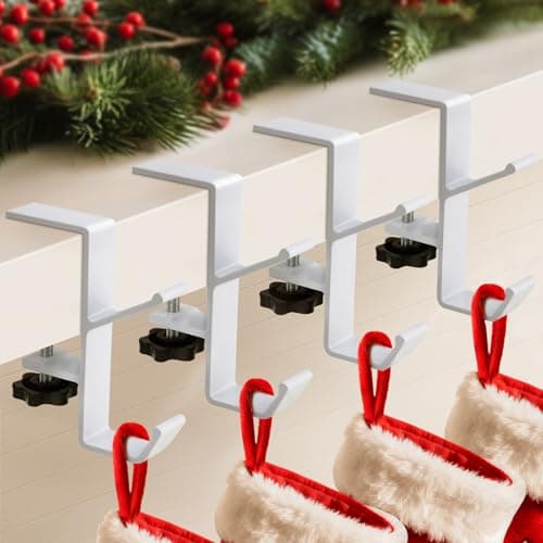 ANOEPUY 4 Pack Stocking Holders for Mantle for Christmas Decorations,2 in 1 Mantle Garland Holder for Hanging Christmas Stockings,No Drilling Required & Adjustable Garland Hanger, Metal(White) - Image 1