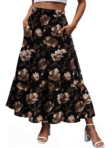 Magritta Women's Casual Flowy Maxi Skirt with Pockets Flared Ruffle Elastic Waist Black Coffee Flower Medium - Image 1