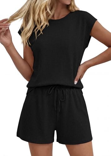 KIRUNDO Two Piece Sets For Women Summer 2026 Cap Sleeve Short Set Waffle Knit Matching Lounge Drawstring Vacation Outfits(Black, XX-Large) - Image 1