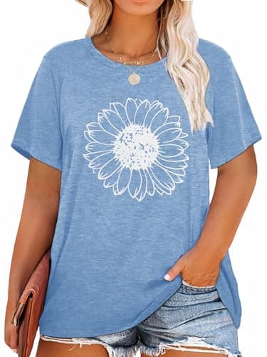 Binshre Womens Plus Size Tops Sunflower Graphic T Shirts Summer Flower Print Short Sleeve Crew Neck Loose Casual Tees - Image 1