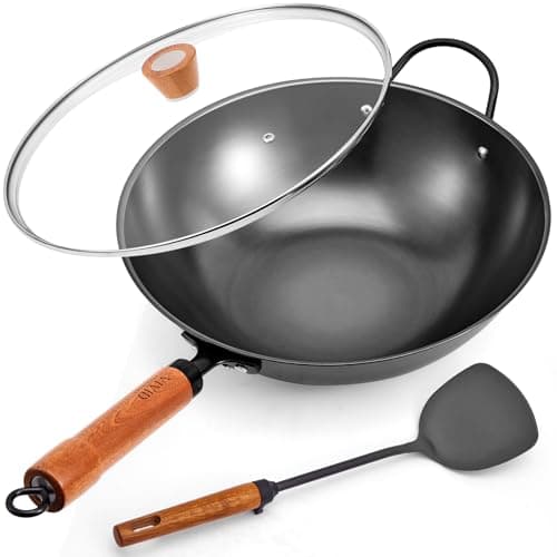 VIVIDCOOKWARE 12.6 Inch Carbon Steel Wok with Lid, Flat Bottom Induction Wok Pan, Non-Coated Stir Fry Wok Skillet with Helper Handle, Gas Electric Ceramic Halogen Compatible, Includes Iron Wok Spatula - Image 1