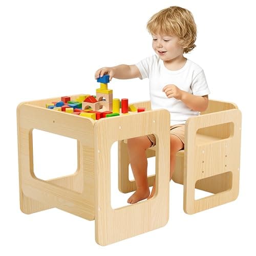 Tilhumt Montessori Weaning Table and Chair Set - 3 Adjustable Height Kids Activity Table with Fence Wood Toddler Table and Chair Set for 1-3 Age Kids for Read, Playing, Eating, Step Stool