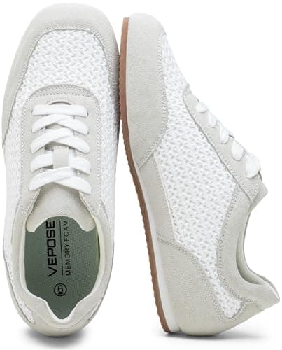 Vepose Women's Fashion Sneakers, White Lightweight Breathable Mesh Tennis Shoes, Casual Suede Woven Raffia Square Toe Lace Up Trainers 8206, Travel Work Walking,Size 6.5M US (CJY8206 whitegrey 06.5) - Image 1