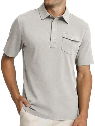 JEMLDL Mens Polo Shirt Quick Dry Short Sleeve Casual Summer Polo Tee with Pocket Classic Collared Golf Stylish Tops Light Gray 3XL - Image 1