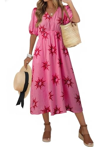 Dokotoo Boho Dresses for Women Summer Casual Short Sleeve V Neck Maxi Dress Fashion Clothing 2026 Easter Spring Trendy Elastic High Waist Floral Flowy a Line Beach Dress Essentials with Pockets Rose - Image 1