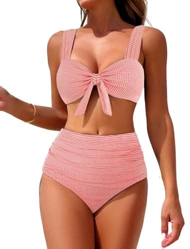 ZAFUL High Waisted Bikini Sets for Women Swim Suits 2026 Tummy Control Ruched Bikini Two Piece Bathing Suit Swimwear Red Plaid Medium - Image 1