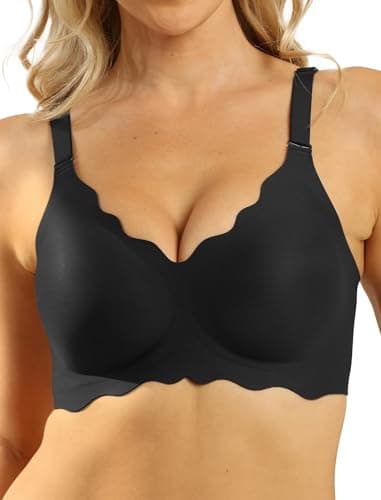 COMFELIE Full Support Wireless Bra with Deep V Neck Lace Trim and U-Shape Back No Underwire Black 2XL - Image 1