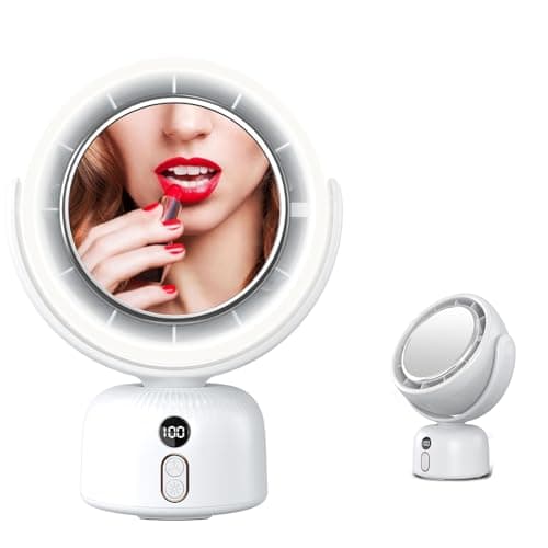 Sunytee 6000mah Rechargeable table Fan, Portable Fan with LED Makeup Mirror 5-Speed Quiet Cooling Fan|3 Level Dimming led vanity mirror with light fan | USB-Powered For Home/Office/Kitchen (White) - Image 1