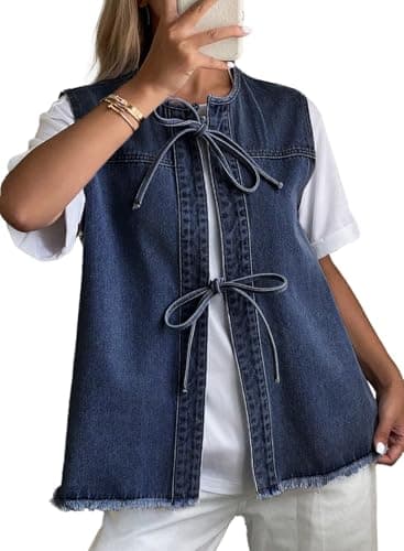 Astylish Womens Cute Bow Tie Denim Vest Blouse Top Casual Henley Neck Fashion Distressed Sleeveless Elegant Work 2026 Summer Spring Shirts Dark Blue Medium - Image 1