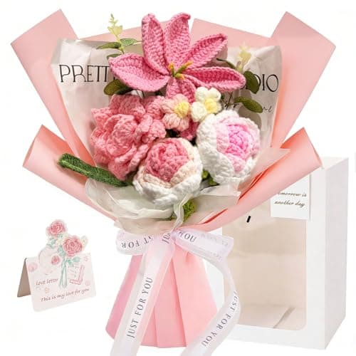Tikitup Crochet Flowers Bouquet, Handmade Knitted Flowers Pink Crochet Bouquet for Lover Birthday, Mother's Day,Anniversary,Graduation Gifts,Friends Gifts - Image 1