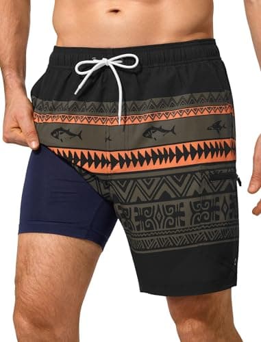 SILKWORLD Swimming Trunks for Men Quick Dry Compression Liner Shorts Bathing Suit 2 in 1 Swimwear, Totem Fish, Medium - Image 1