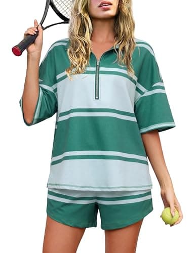 Totatuit Striped Short Sets for Women 2 Piece Outfits Summer Tracksuit Oversized Workout Travel Lounge Sets - Image 1