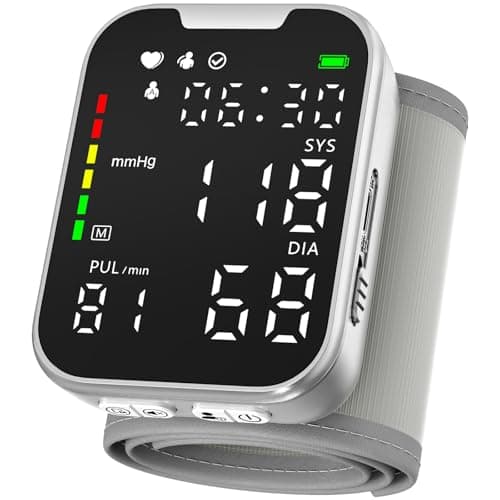 Guaever Wrist Blood Pressure Monitor, Rechargeable BP Machine with LED Backlit Display, Adjustable 5.3"–7.7" Cuff, Voice Broadcast, 2×150 Memory Storage, Carrying Case, Simple for Seniors, Silver - Image 1
