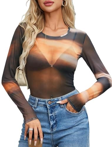 Avidlove Sheer Top Long Sleeve Mesh Top Women Mesh Blouse for Women Long Sleeve Undershirt for Women Gradient Brown XXL