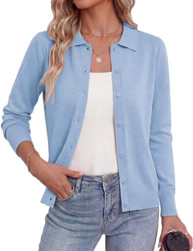 GRACE KARIN Women Cardigan Sweaters Trendy Summer Lightweight Button Up Cardigans Lapel Collar Long Sleeve Outfits(Blue,Medium) - Image 1