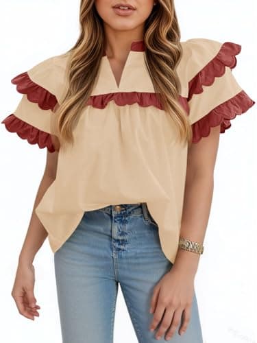 Tankaneo Womens Ruffle Sleeve Babydoll Tops Color Block Summer V Neck Pleated Blouse Dressy Casual Loose Fit Shirts Beige - Image 1