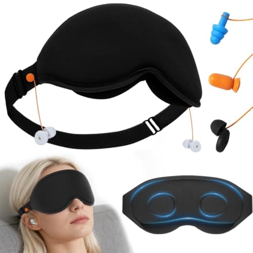 3D Contoured Sleep Mask with Earplug Retainer Cord,100% Pressure-Free & Total Light Blocking Eye Mask with Adjustable Strap. Ideal for Sleep Earplug User, Airplane Travel, Meditation Black - Image 1