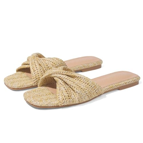 EQAUDES Women's Flats Sandals Twist Raffia Wove Mule Slides Open toe Slip-on Sandal - Summer, Dress,Vacation, Wedding, Casual, Boho, Beach - Image 1