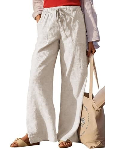 Jianzhixiao Women's High Waisted Wide Leg Pants Cotton Casual Drawstring Lounge Bottoms Loose Fit Comfy Summer Beach Vacation(Apricot-S) - Image 1