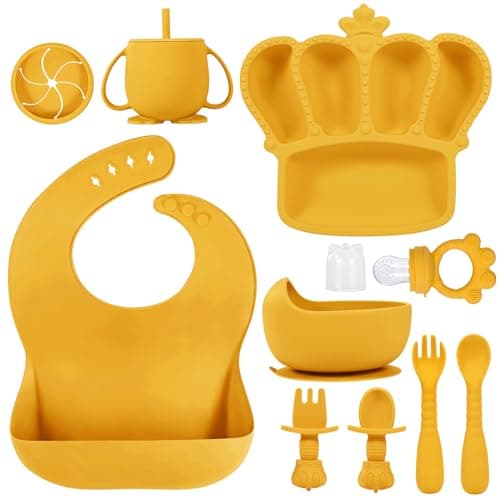 Silicone Baby Feeding Set 10 Pcs Baby Led Weaning Supplies Suction Bowl Divided Plate Baby Bibs Fruit feeder Pacifier Baby Spoons Forks Sippy Cup Utensil Sets Baby Essentials for Newborn Gift Yellow - Image 1